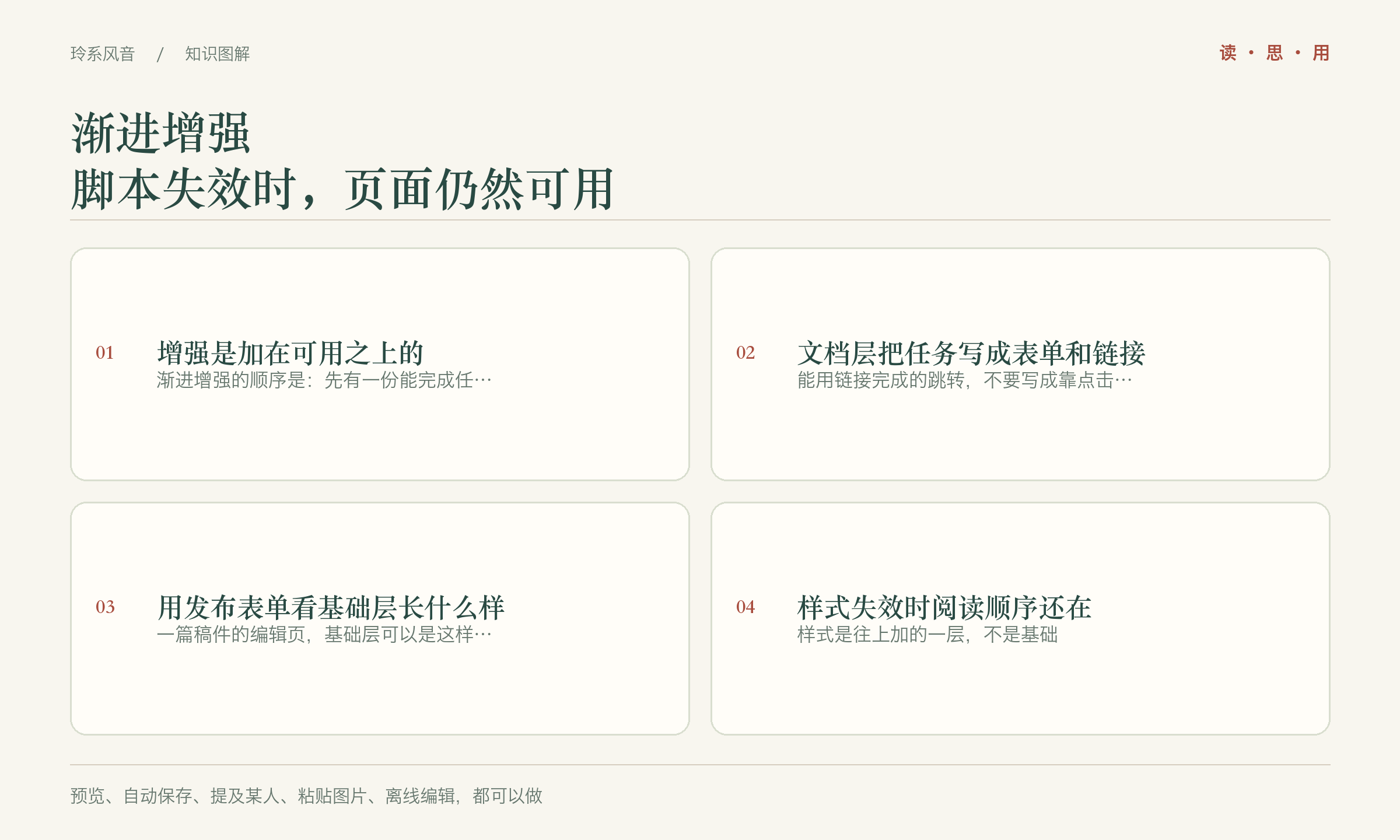 渐进增强，脚本失效时，页面仍然可用