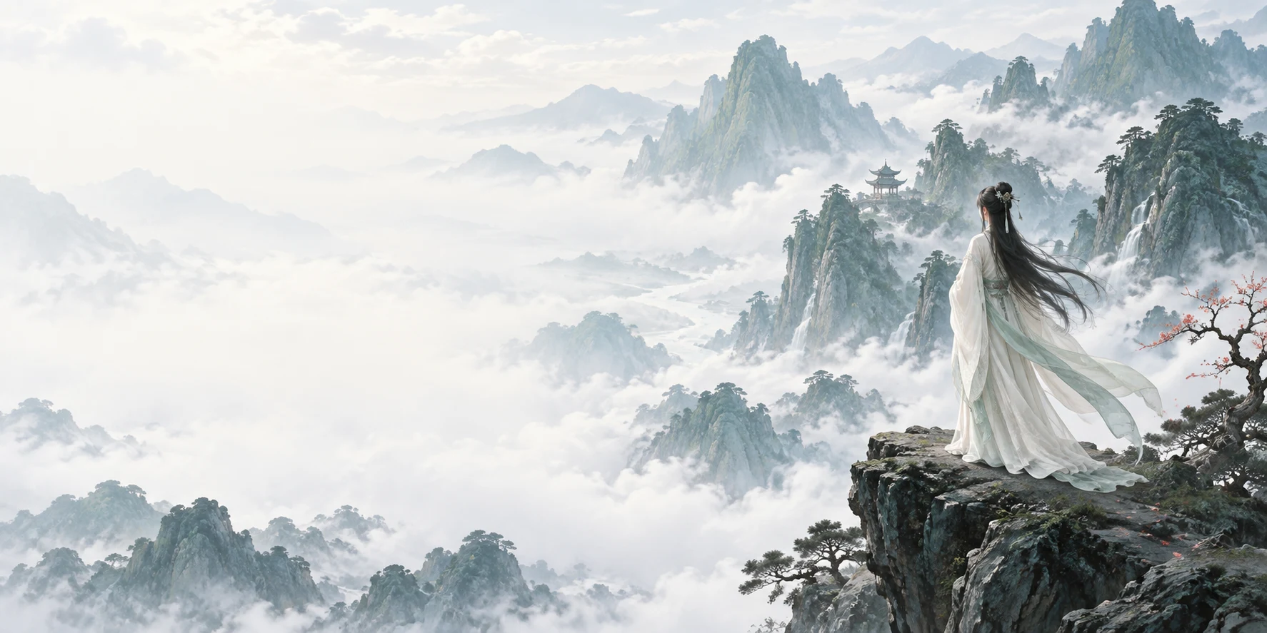 白衣仙子立于青山云海之间，远处楼阁隐现