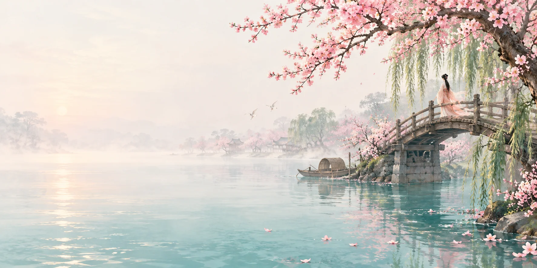 春日桃花映着碧水，一位仙子走过木桥