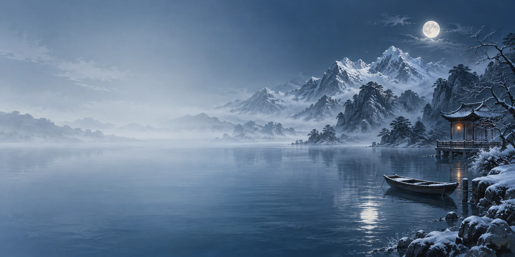 月光照着寒江，雪山与灯火相映