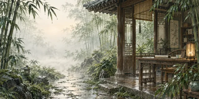 雨后竹林书斋