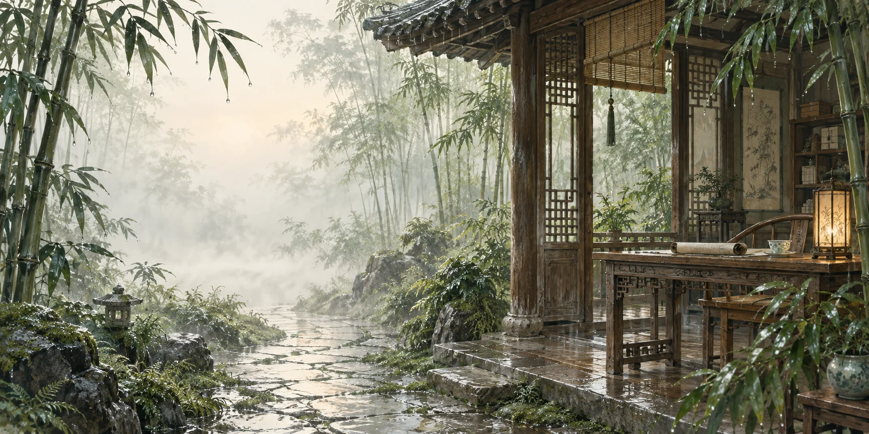 雨后竹林中的书斋，桌上放着书卷与清茶